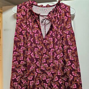 Loft women's tank top blouse, maroon and pink floral print with tie front